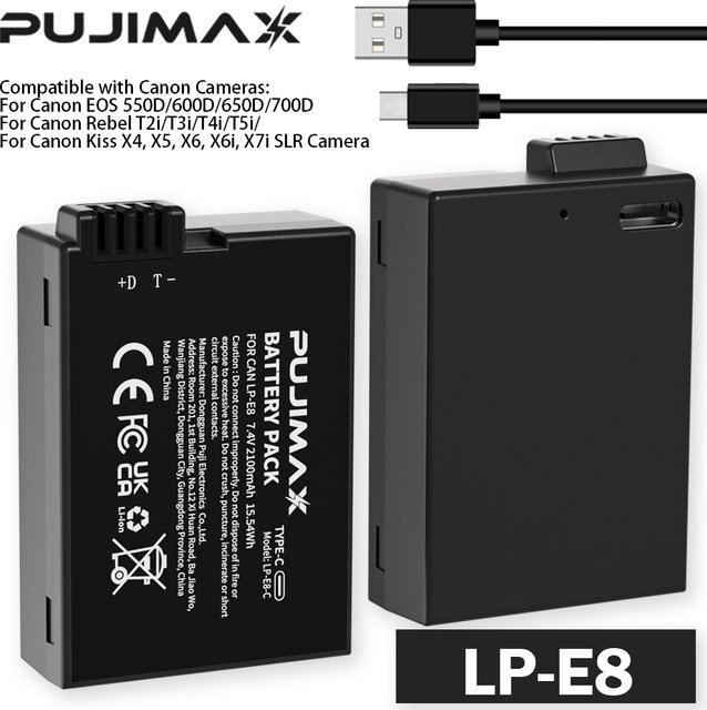 PUJIMAX LP-E8 Kamera-Akku mit USB-C-Eingang, 2100mAh, Schwarz, kompatibel mit Canon EOS 550D 600D 650D 700D Rebel T2i T3i T4i T5 - Bild 1