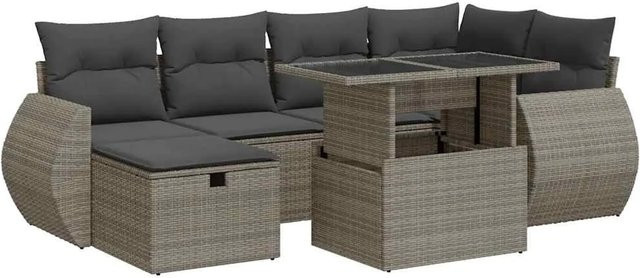 vidaXL 7-tlg. Garten-Sofagarnitur in L-Form mit Kissen und Couchtisch, Grau/Schwarz, Poly-Rattan mit Metallgestell - Bild 1