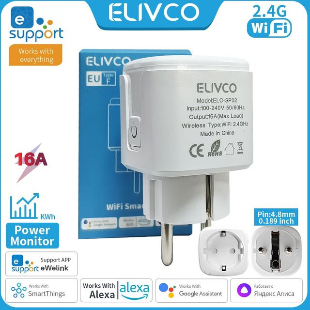 Elivco Smart-Steckdose eWelink 16A WiFi EU-Stecker mit Stromüberwachung und Timer-Funktion, kompatibel mit Alexa und Google Home, Weiß - Bild 1