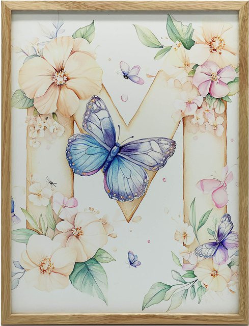 Premium-Leinwand Poster Buchstabe M mit Blumen und Schmetterling von Marcin Zbijowski, B: 50 cm, H: 70 cm - Bild 1