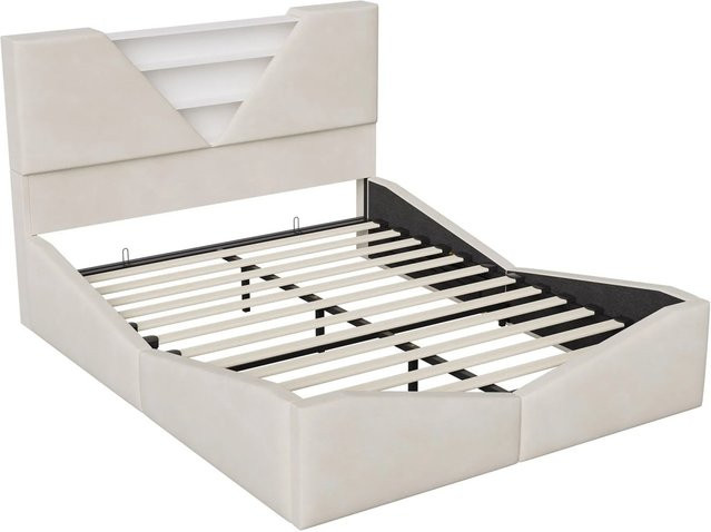 PXloue Bett mit Samt-Kopfteil und Stauraum in Beige, B/T/H: 160 x 200 x 118 cm - Bild 1