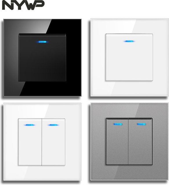 NYWP Luxus Kristallglas-Panel 1-fach 2-Wege-Lichtschalter Ein/Aus Wandschalter mit LED-Anzeige in Grau - Bild 1