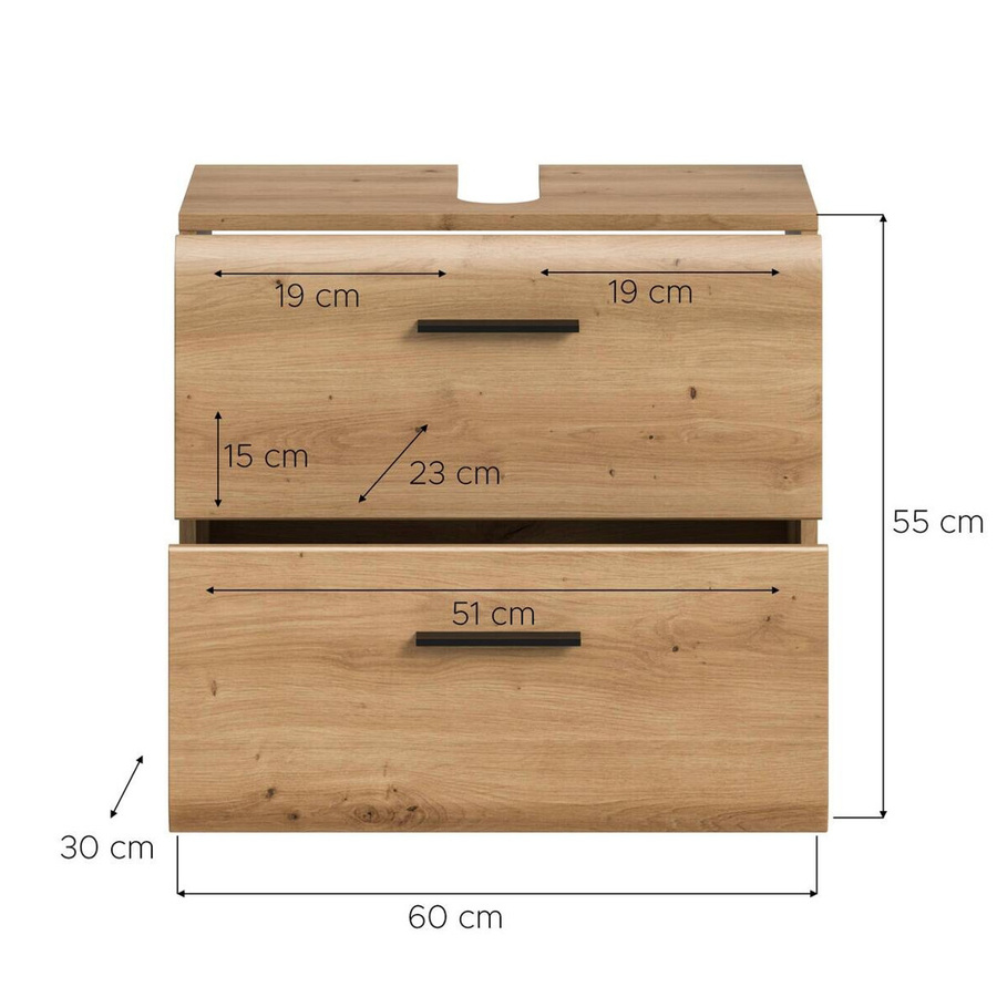 Waschbeckenunterschrank xonox.home in Eichenoptik Braun mit Türen und Schubladen, B/H/T: 60 x 55 x 60 cm - Bild 3