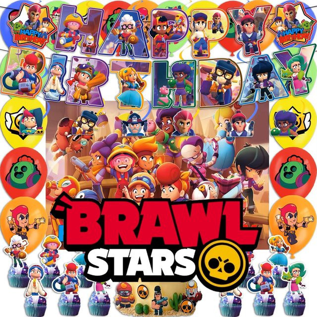 Brawl Stars Party-Dekorationsset für Kinder mit Luftballons, Happy Birthday Banner, Hintergrund, Tortendekoration und Tischgeschirr in Mehrfarbig - Bild 1