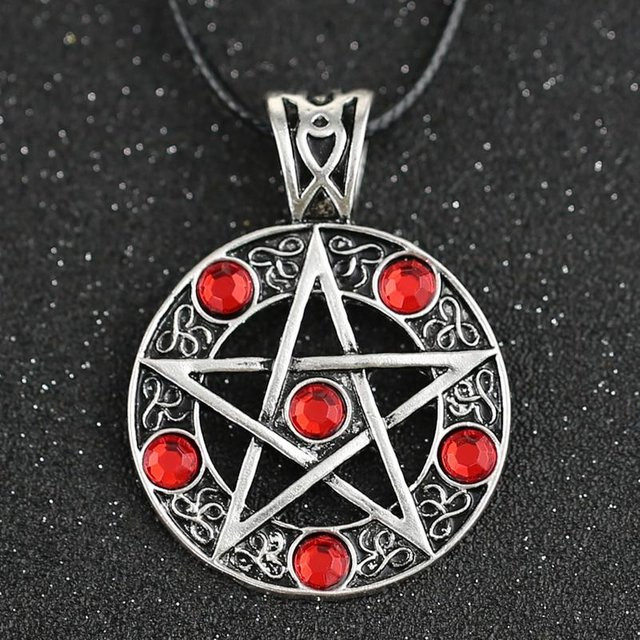DH Yan Halskette Pentagramm, Edelstahl, rot, Kristall, Unisex - Bild 1