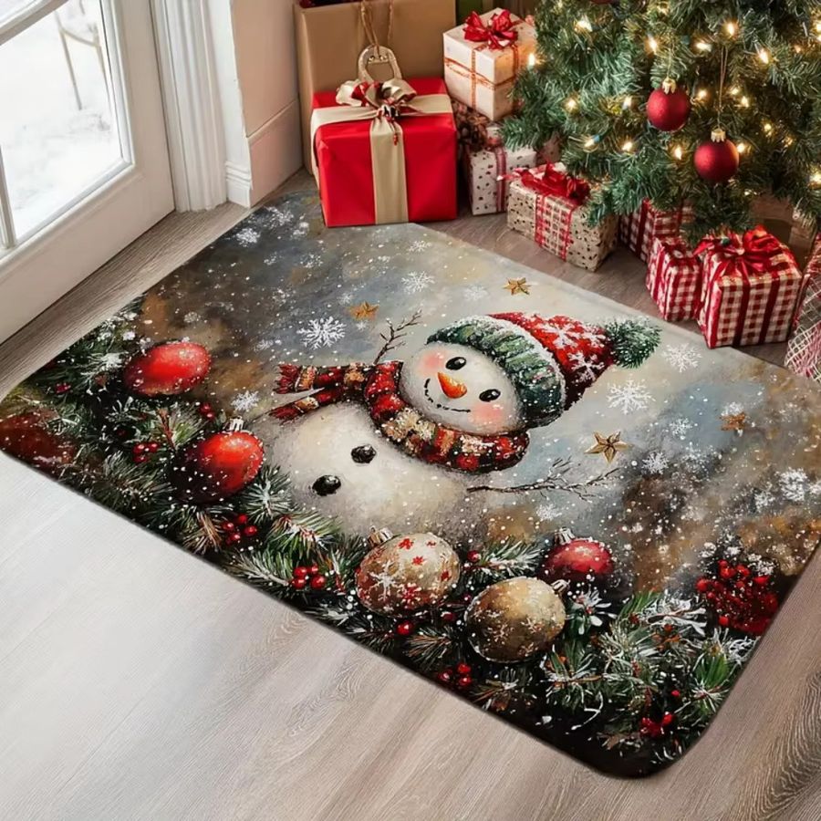 VIKAMA Weihnachts-Fußmatte mit Schneemann, Stechpalme und Beeren, maschinenwaschbarer Druckteppich für die Weihnachtszeit - Bild 2