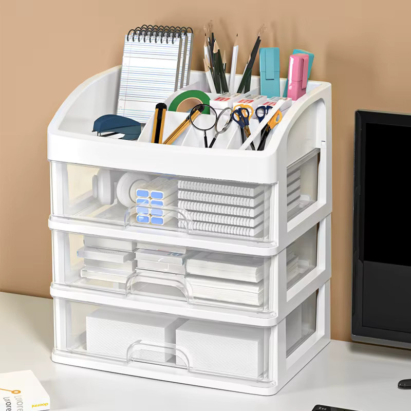 Transparente mehrschichtige Aufbewahrungsbox für Büro und Kosmetik mit Schubladen aus Kunststoff in Weiß - Bild 4