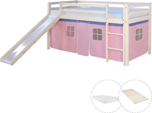 Homestyle4u Kinder Hochbett aus Kiefernholz mit Rutsche, Vorhang, Lattenrost und Matratze in Weiß - Bild 1