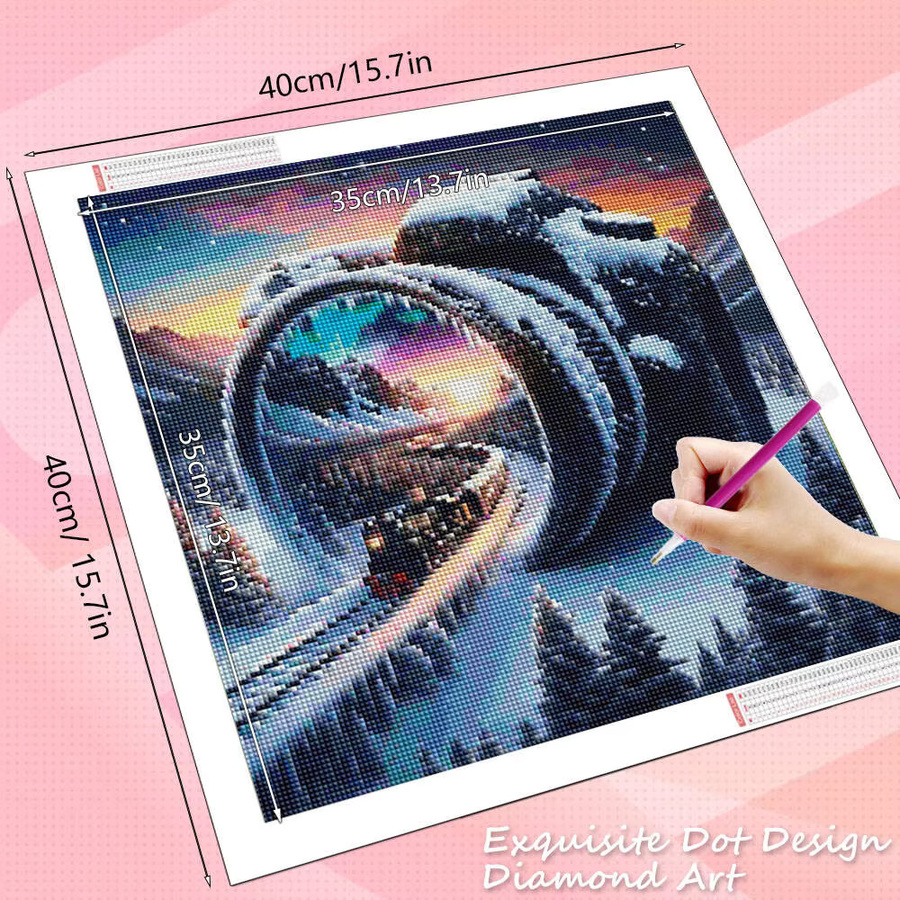 HUACAN 5D Diamantmalerei Winter Landschaft mit Zug als runde Wanddekoration im Mosaik-Stil, Mehrfarbig - Bild 2