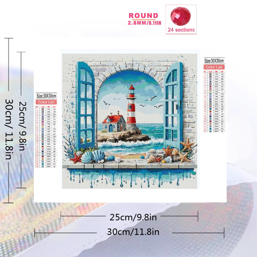 Momoart Diamant-Mosaik Wandkunst Leuchtturm und Seesterne in Multicolour, Rundmalerei mit Strass-Stickerei - Bild 2