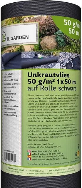 TTL GARDEN Unkrautvlies Schwarz 50g/m², 50m² Mulchvlies UV-stabil für den Garten - Bild 1
