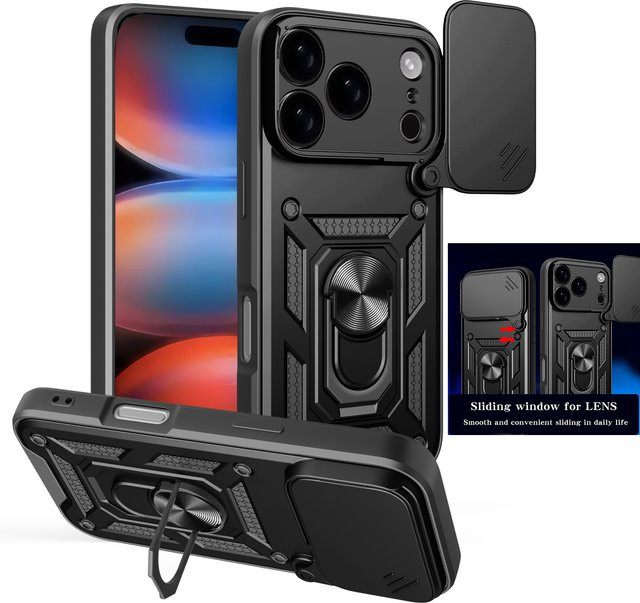 Gepanzerte Schutzhülle mit Magnetring und Kameraschutz für Apple iPhone 17, iPhone 16 Pro Max, iPhone 17 Air und iPhone 16E in Schwarz und Silber - Bild 1