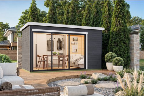 Lasita Gartenhaus Austin Blockbohlenhaus mit Flachdach in Carbongrau lasiert B/H/T: 439,6 x 239,4 x 259,6 cm - Bild 1