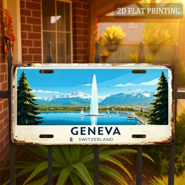 Vintage Genfer Schweizer Aluminiumschild CIFBUY Retro Metallposter Seeblick Wanddekoration B: 30,48 cm, H: 15,24 cm, T: 15,24 cm, Mehrfarbig - Bild 1