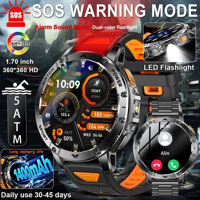 GUHUAVMI Outdoor-Sport-Fitness-Smartwatch mit 1,7-Zoll-Display, Bluetooth-Anruffunktion, wasserdicht und SOS-Funktion, Schwarz - Bild 1