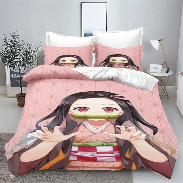 Demon Slayer Kimetsu no Yaiba Kamado Nezuko Anime Bettwäsche-Set aus Polyester in Pink, bestehend aus Bettbezug und Kissenbezug, Breite: 70 cm, Länge: 133 cm - Bild 1