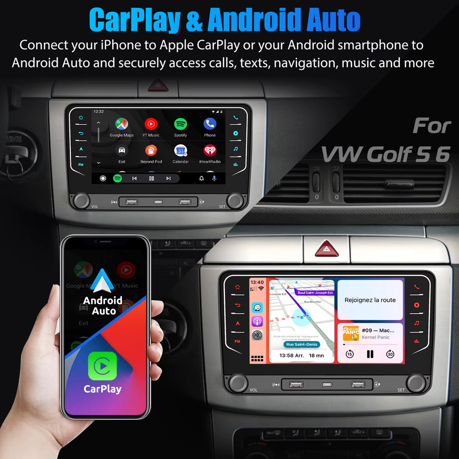 ESSGOO Android 14 Autoradio mit 7 Zoll Display, 64GB, Schwarz, für VW Golf 5/6, Passat, Polo 6R, Touran, Tiguan, Caddy, EOS, Jetta sowie Seat und Skoda, mit kabellosem CarPlay, Android Auto, GPS, WiFi, Bluetooth und USB - Bild 4