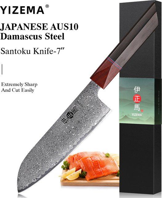YIZEMA Santoku-Kochmesser aus handgeschmiedetem Damaststahl mit Holzgriff, 17,78 cm - Bild 1