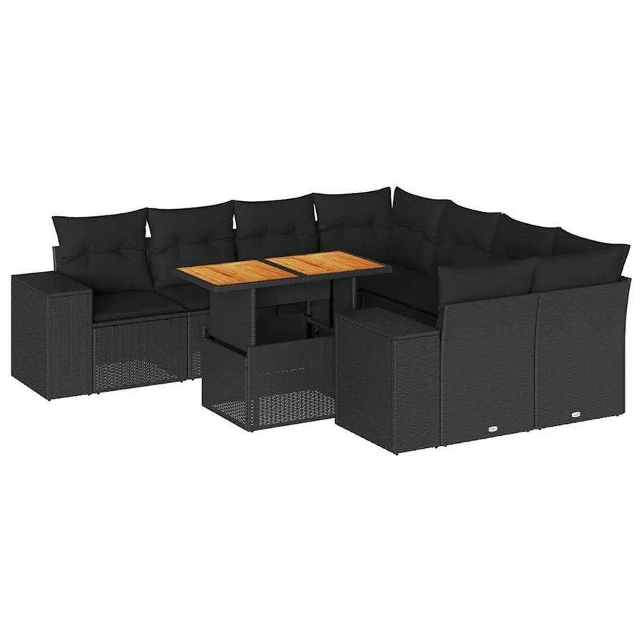 vidaXL 9-teilige Garten-Sofagarnitur aus Poly-Rattan und Akazienholz in Schwarz mit Kissen - Bild 2