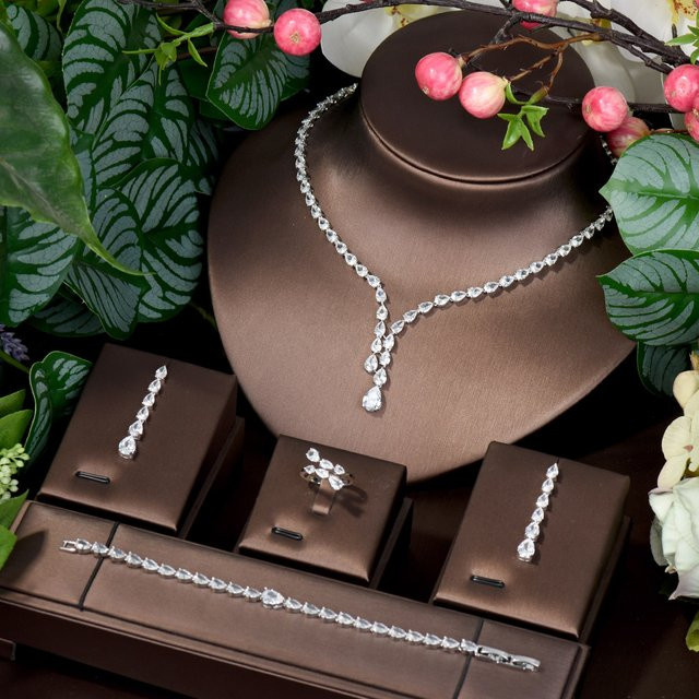 Hibride Schmuck-Set, Ohrringe und Halskette, Silber, Zirkonia, Kristall, Damen - Bild 1