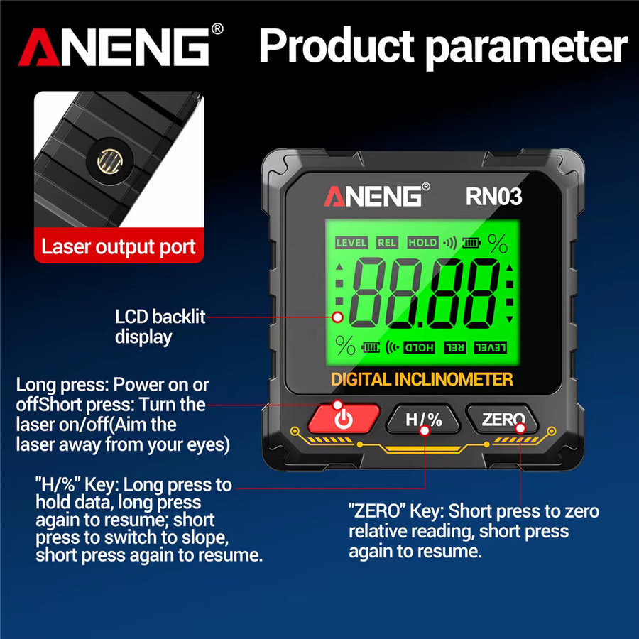 ANENG RN02/RN03 Laser-Digital-Neigungsmesser, magnetisches 4-seitiges Winkelmessgerät mit 360 Grad Rotationsmessung, Schwarz - Bild 2