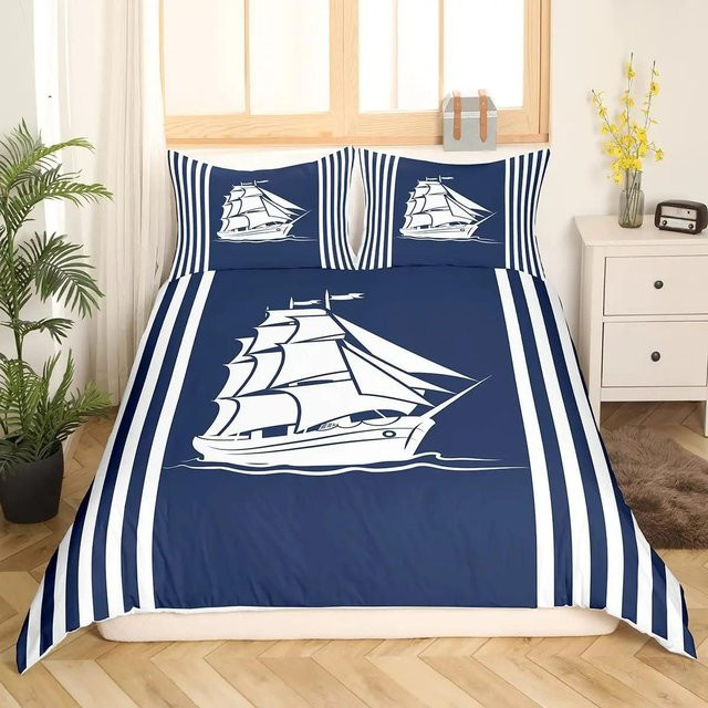 Nautisches Segelboot Bettwäsche-Set mit Meeresmotiv in Blau von Your Warm Home, bestehend aus 2 Teilen mit Bettdeckenbezug und Kissenbezug aus Polyester, B/H: 133 x 70 cm - Bild 1