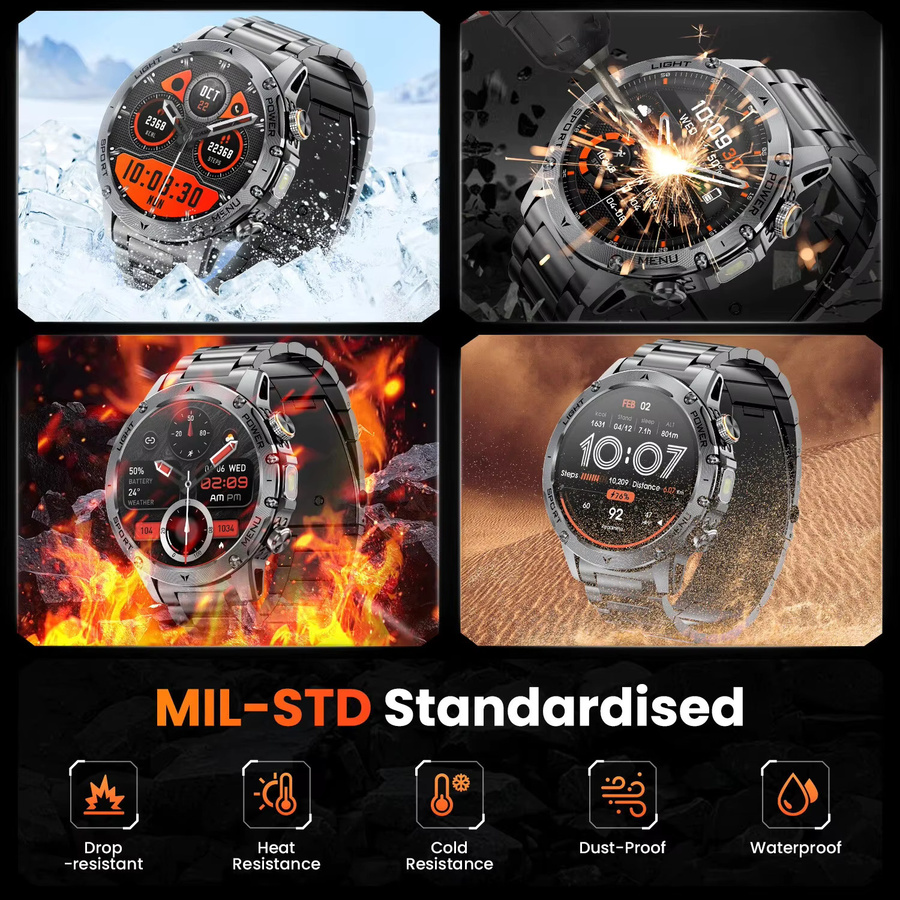 GUHUAVMI Militär-Smartwatch in Schwarz mit 1,7 Zoll Ultra-HD-Bildschirm, Bluetooth-Anruffunktion, IP68K Wasserdichtigkeit und Herzfrequenzmessung für Android - Bild 7