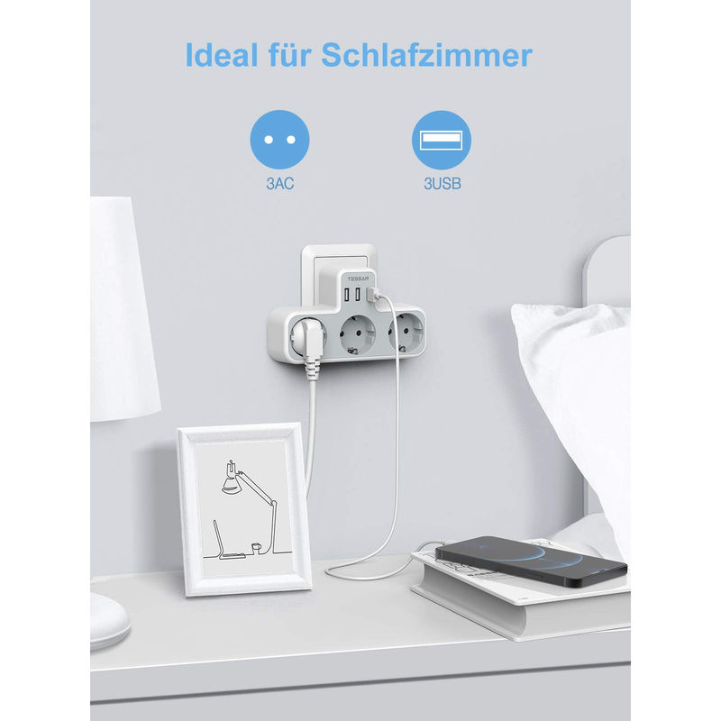 TESSAN Steckdosenleiste mit 3 AC-Ausgängen und 3 USB-Anschlüssen in Grau - Bild 4