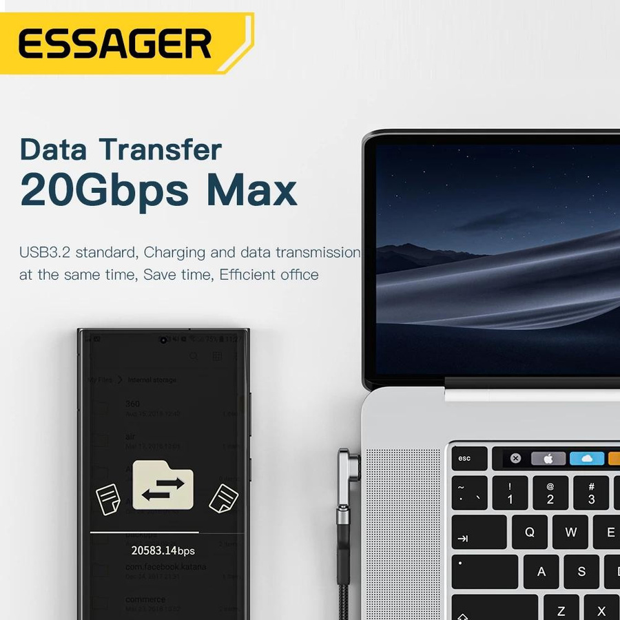 Essager PD 100 W USB C OTG Adapter mit Schnellladung, Typ C Anschluss, 20 Gbit/s Datensynchronisierung und 4K 60 Hz für MacBook und Laptop, grau - Bild 5