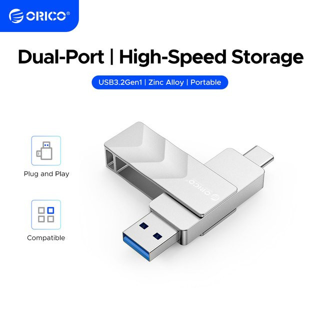 ORICO USB-Stick USB 3.2 Gen1 mit Dual USB-C und USB-A Anschluss in Silber für iPhone 15/16/17 Serie - Bild 1