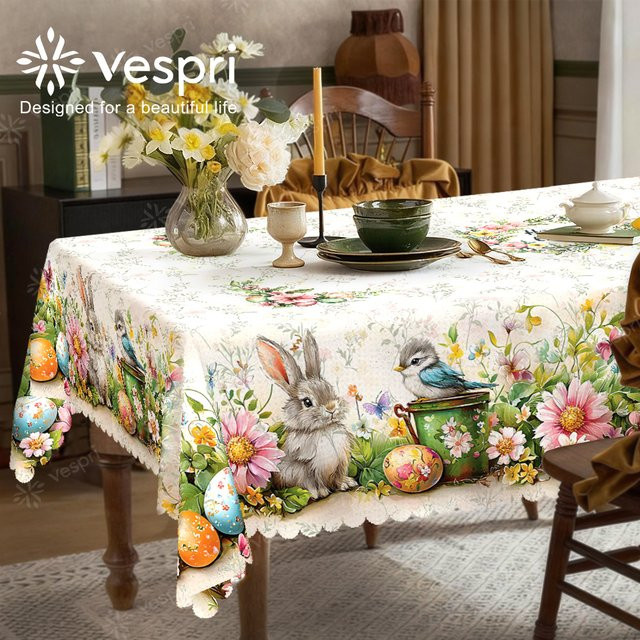 Vespri Oster-Tischdecke mit Hase und Blumen in Weiß und Grün, Rund, Leinen-Polyester-Mix im Landhausstil - Bild 1