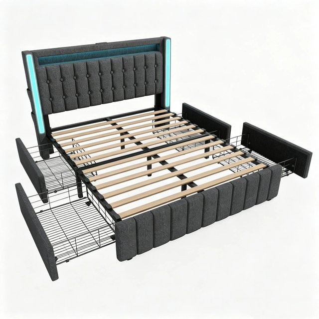 okwish Jugendbett Grau mit USB-Anschluss, LED-Beleuchtung und Schubladen, gepolstert, B/T/H: 160 x 200 x 104 cm - Bild 1