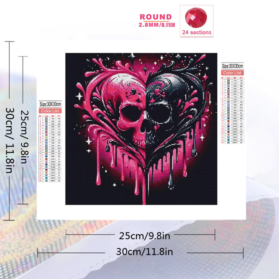 Momoart DIY Diamantmalerei Skelett-Horror-Set mit Herz-Muster in Pink für Erwachsene und Anfänger als Wandkunst - Bild 2