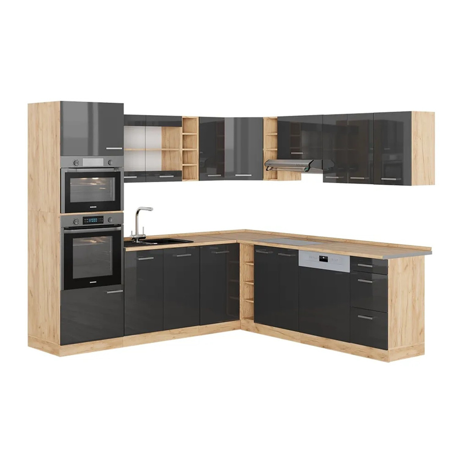Vicco R-Line Eckküche in Anthrazit Hochglanz und Goldkraft Eiche, moderne Küchenzeile ohne Elektrogeräte, B/T/H: 237 x 247 x 81,6 cm - Bild 2