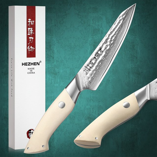 HEZHEN Allzweckmesser aus Damaststahl mit G10-Griff, 12,7 cm - Bild 1