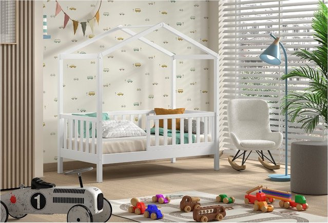 Vipack Junior Hausbett aus massiver Kiefer mit seitlicher Umrandung und Rolllattenrost, Farbe: Weiß, Liegefläche: 70 x 140 cm - Bild 1