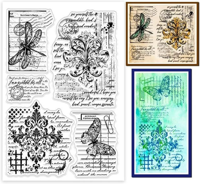 Transparenter Silikonstempel mit Retro-Blumenmuster, Barockdesign, Schmetterling und Libelle für kreative Gestaltungen - Bild 1