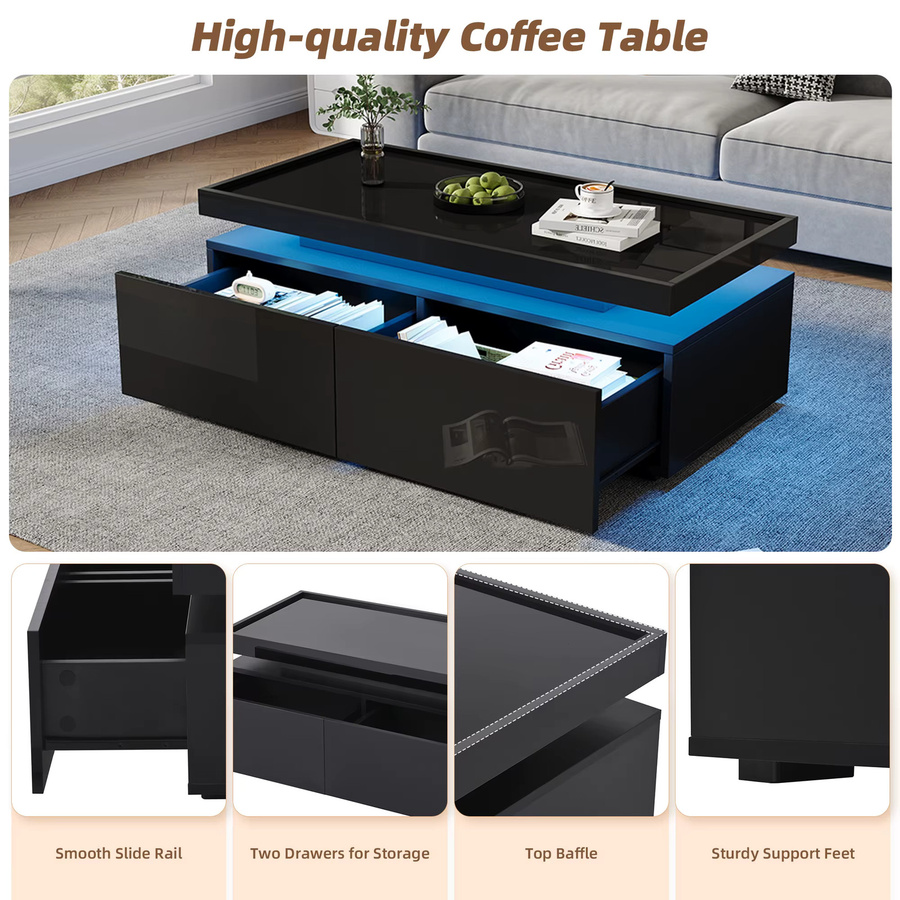 Svintora Moderner Hochglanz-Couchtisch in Schwarz mit LED-Beleuchtung und 2 Schubladen - Bild 3