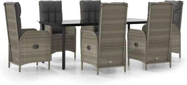 vidaXL 7-teilige Garten-Essgruppe aus Poly Rattan in Schwarz und Grau mit wetterfesten Kissen und Tisch aus gehärtetem Glas - Bild 1