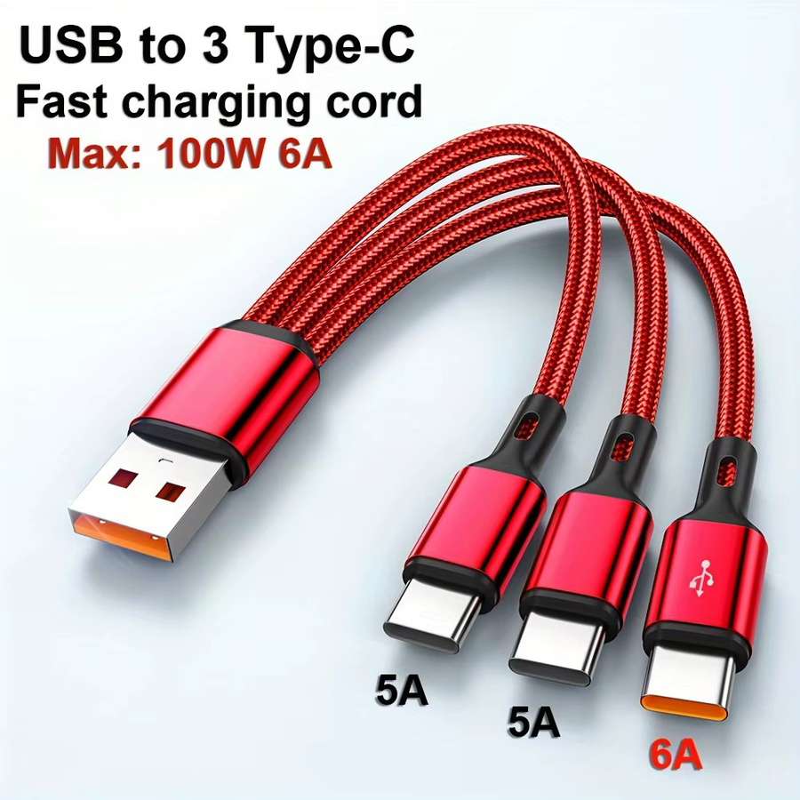 NNBILI 3-in-1 USB-C Schnellladekabel 100W 6A in Rot für Samsung Xiaomi Huawei und Android-Smartphones zur Datenübertragung - Bild 2