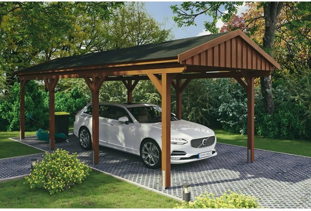 Skan Holz Carport Fichtelberg aus Fichte Leimholz mit spitzer Dachform und Dachschindeln in Braun, B/T: 317 x 808 cm, Höhe: 303 cm - Bild 1