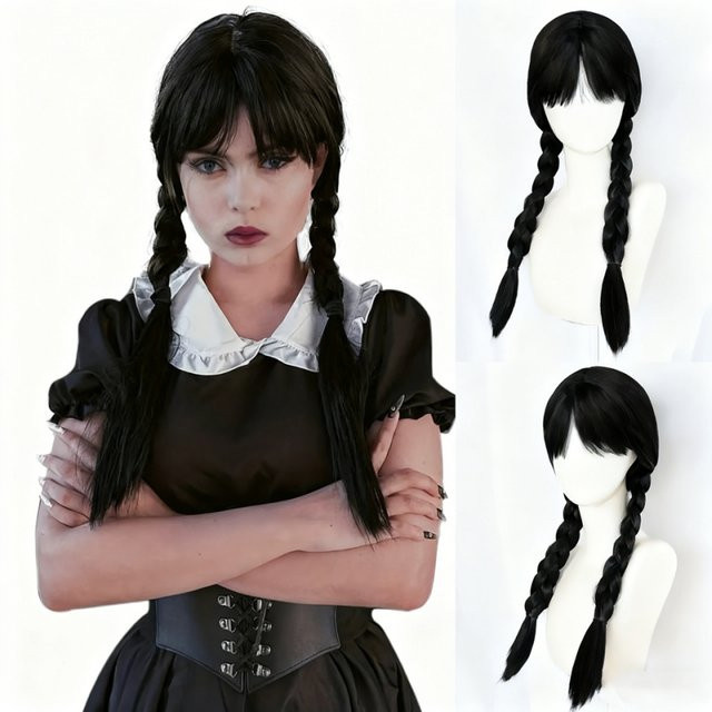 Suri Hair Perücke, lange schwarze geflochtene synthetische Damenperücke mit Pony, 2 geflochtene Pferdeschwänze - Bild 1