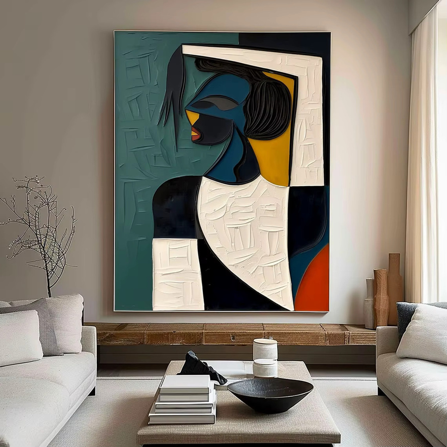 Handgemaltes abstraktes Leinwandgemälde im Picasso-Stil von Potdemiel, buntes 3D-strukturiertes Ölgemälde zur Wanddekoration - Bild 2