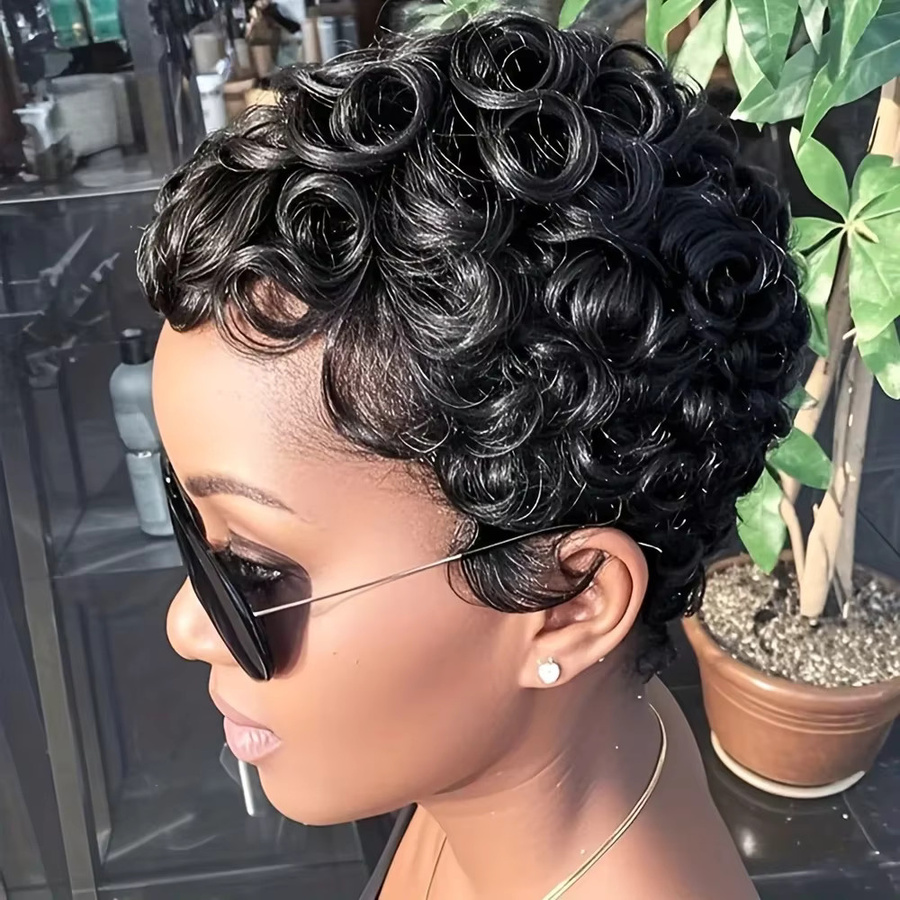 YOUKNOWIG Pixie-Cut-Perücke aus Echthaar, kurz, lockig, schwarz, 210 % Dichte, Damen - Bild 4