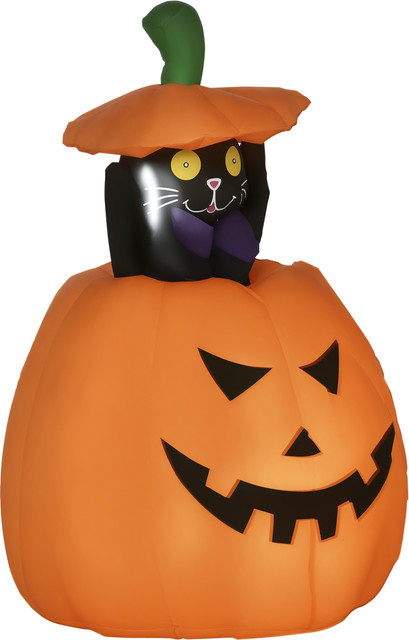 Outsunny Aufblasbarer Kürbisgeist mit beweglicher Katze und LED Lichtern, Halloween Deko für Indoor & Outdoor, Orange/Schwarz, Höhe: 115 cm - Bild 1