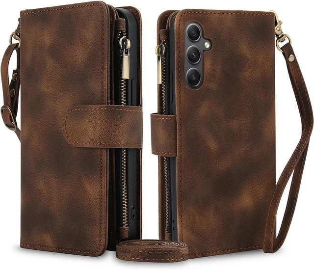 Leder Handyhülle mit Reißverschluss als Portemonnaie für Samsung Galaxy S26 S25 Ultra S24 FE S23 Plus A55 A54 A53 A35 A34 A15 A14 A13 in Braun - Bild 1