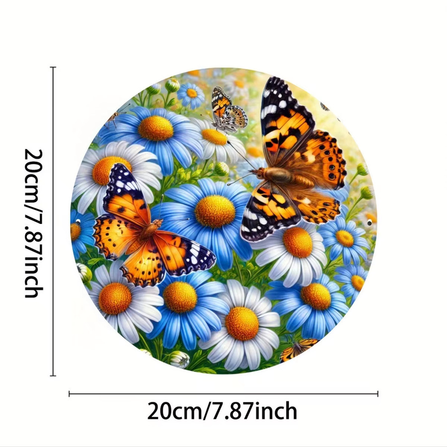 Rustikales Metall-Wandschild von Potdemiel mit Gänseblümchen und Schmetterlingen in Mehrfarbig, rundes Dekoelement aus Eisen für dein Zuhause - Bild 2