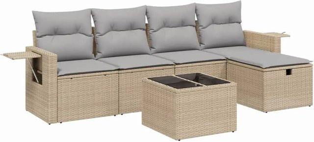 vidaXL 6-tlg Garten-Sofagarnitur in L-Form aus Poly Rattan mit Kissen und Couchtisch in Beige - Bild 1