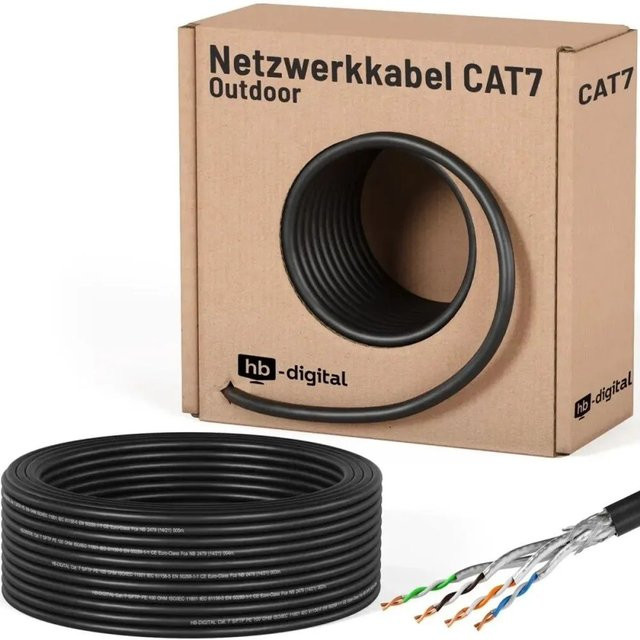 hb-digital CAT 7 LAN Datenkabel für Außenbereich, S/FTP, 50 m, Schwarz - Bild 1