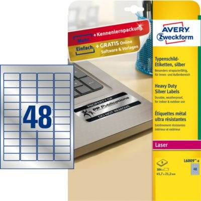 Avery Zweckform Typenschildetiketten L6009-8 aus silberner Polyesterfolie für SW-Laserdrucker, 384 Stück auf 8 A4-Bögen, Breite: 4,57 cm, Höhe: 2,12 cm - Bild 1